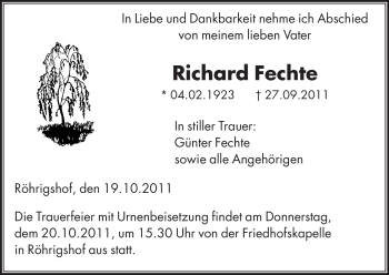 Traueranzeige von Richard Fechte von HERSFELDER ZEITUNG