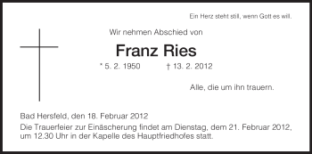 Traueranzeige von Franz Ries von HERSFELDER ZEITUNG