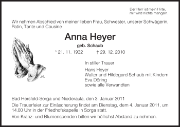 Traueranzeige von Anna Heyer von HERSFELDER ZEITUNG