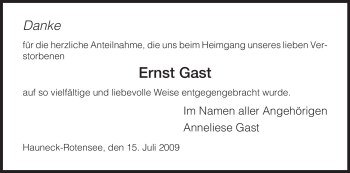 Traueranzeige von Ernst Gast von HERSFELDER ZEITUNG