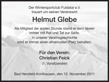 Traueranzeige von Helmut Glebe von HERSFELDER ZEITUNG