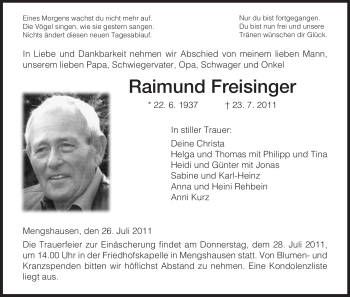 Traueranzeige von Raimund Freisinger von HERSFELDER ZEITUNG