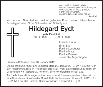 Traueranzeige von Hildegard Eydt von HERSFELDER ZEITUNG