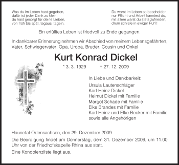 Traueranzeige von Kurt Konrad Dickel von HERSFELDER ZEITUNG