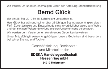 Traueranzeige von Bernd Glück von HERSFELDER ZEITUNG