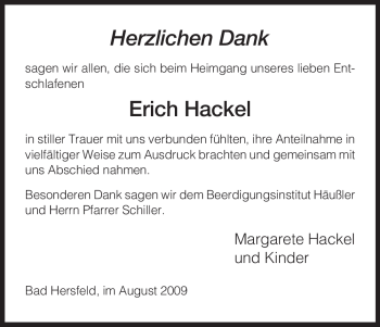 Traueranzeige von Erich Hackel von HERSFELDER ZEITUNG