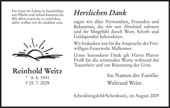 Traueranzeige von Reinhold Weitz von HERSFELDER ZEITUNG