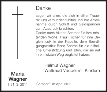 Traueranzeige von Maria Wagner von HERSFELDER ZEITUNG