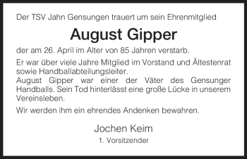Traueranzeige von August Gipper von HERSFELDER ZEITUNG