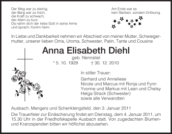 Traueranzeige von Anna Elisabeth Diehl von HERSFELDER ZEITUNG