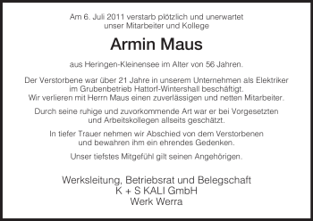 Traueranzeige von Armin Maus von HERSFELDER ZEITUNG