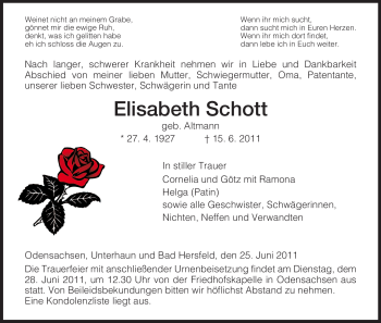 Traueranzeige von Elisabeth Schott von HERSFELDER ZEITUNG