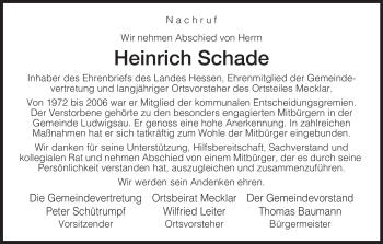 Traueranzeige von Heinrich Schade von HERSFELDER ZEITUNG