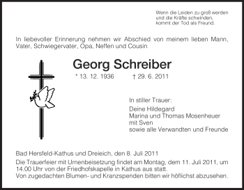 Traueranzeige von Georg Schreiber von HERSFELDER ZEITUNG