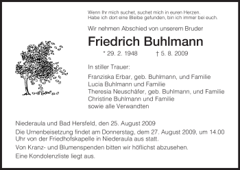Traueranzeige von Friedrich Buhlmann von HERSFELDER ZEITUNG