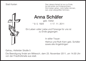 Traueranzeige von Anna Schäfer von HERSFELDER ZEITUNG