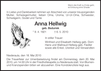 Traueranzeige von Anna Hellwig von HERSFELDER ZEITUNG