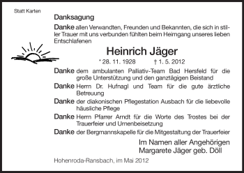 Traueranzeige von Heinrich Jäger von HERSFELDER ZEITUNG