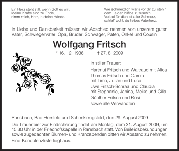 Traueranzeige von Wolfgang Fritsch von HERSFELDER ZEITUNG