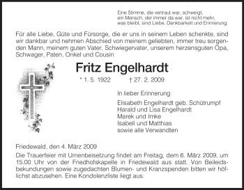 Traueranzeige von Fritz Engelhardt von HERSFELDER ZEITUNG