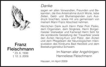 Traueranzeige von Franz Fleischmann von HERSFELDER ZEITUNG