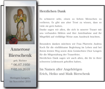 Traueranzeige von Annerose Bierschenk von HERSFELDER ZEITUNG