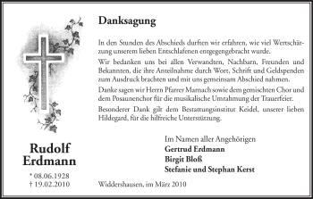 Traueranzeige von Rudolf Erdmann von HERSFELDER ZEITUNG
