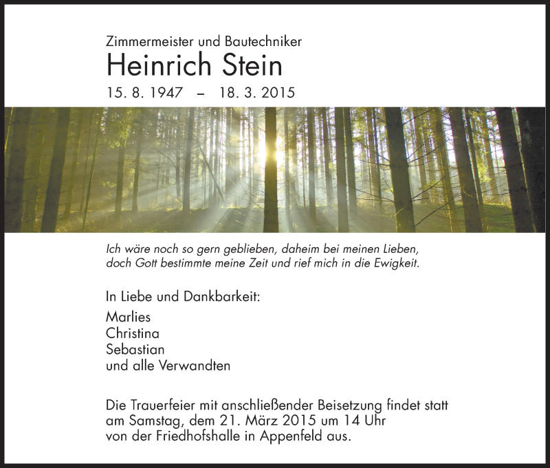  Traueranzeige für Heinrich Stein vom 20.03.2015 aus Hersfeld