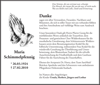 Traueranzeige von Maria Schimmelpfennig von HERSFELDER ZEITUNG