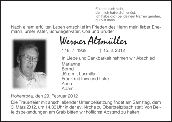 Traueranzeige von Werner Altmüller von HERSFELDER ZEITUNG