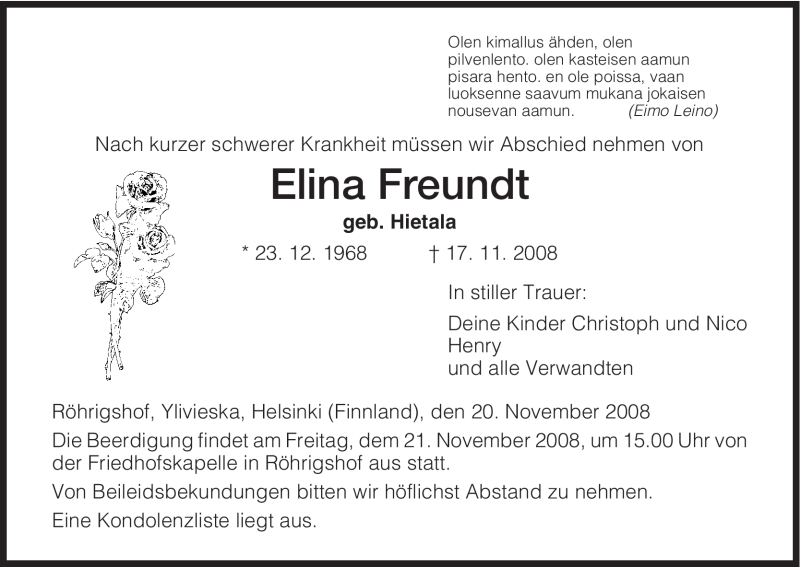  Traueranzeige für Elina Freundt vom 20.11.2008 aus HERSFELDER ZEITUNG