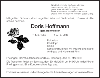 Traueranzeige von Doris Hoffmann von Hersfeld