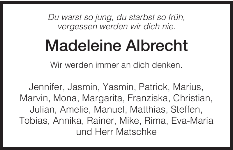  Traueranzeige für Madeleine Albrecht vom 26.11.2008 aus HERSFELDER ZEITUNG