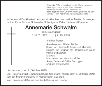 Traueranzeige von Annemarie Schwalm von HERSFELDER ZEITUNG