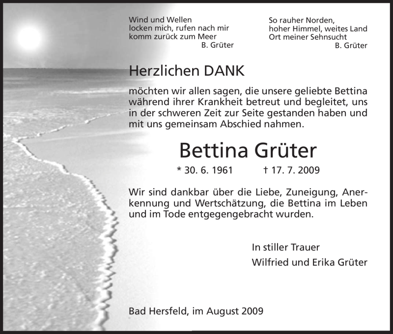  Traueranzeige für Bettina Grüter vom 29.08.2009 aus HERSFELDER ZEITUNG