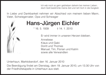 Traueranzeige von Hans-Jürgen Eichler von HERSFELDER ZEITUNG