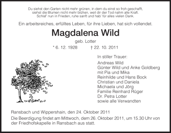 Traueranzeige von Magdalena Wild von HERSFELDER ZEITUNG