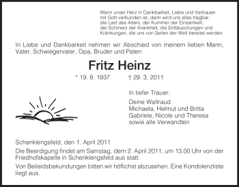 Traueranzeige von Fritz Heinz von HERSFELDER ZEITUNG