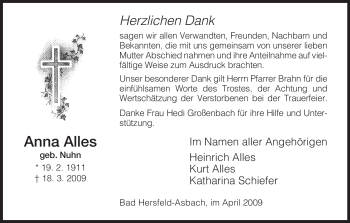 Traueranzeige von Anna Alles von HERSFELDER ZEITUNG