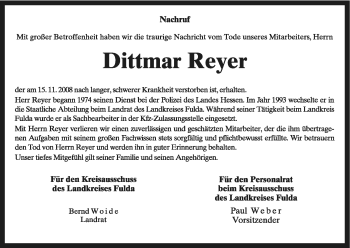 Traueranzeige von Dittmar Reyer von HERSFELDER ZEITUNG