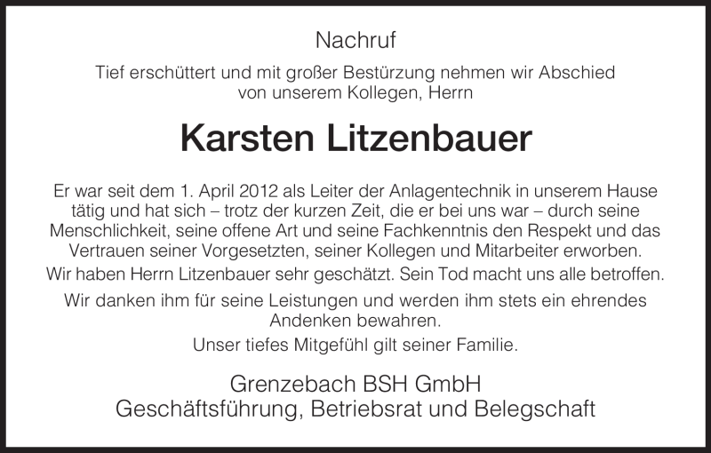  Traueranzeige für Karsten Litzenbauer vom 08.08.2012 aus HERSFELDER ZEITUNG