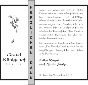 Traueranzeige von Gretel Königshof von HERSFELDER ZEITUNG