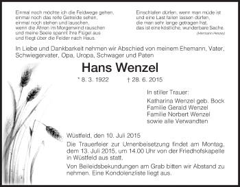 Traueranzeige von Hans Wenzel von Hersfeld