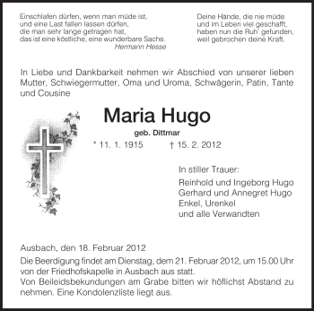 Traueranzeige von Maria Hugo von HERSFELDER ZEITUNG