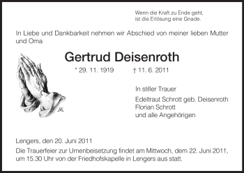 Traueranzeige von Gertrud Deisenroth von HERSFELDER ZEITUNG