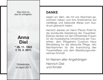 Traueranzeige von Anna Diel von HERSFELDER ZEITUNG