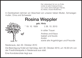 Traueranzeige von Rosina Weppler von HERSFELDER ZEITUNG