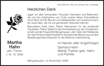 Traueranzeige von Martha Hahn von HERSFELDER ZEITUNG