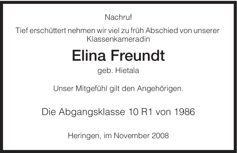  Traueranzeige für Elina Freundt vom 26.11.2008 aus HERSFELDER ZEITUNG