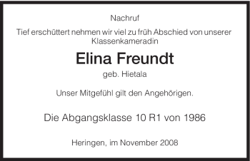 Traueranzeige von Elina Freundt von HERSFELDER ZEITUNG